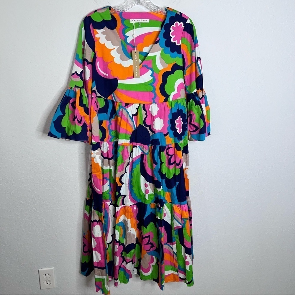 Trina Turk Vibrant Floral Print V-Neck Midi Dress in Pink, Green, Blue - Picture 2 of 9